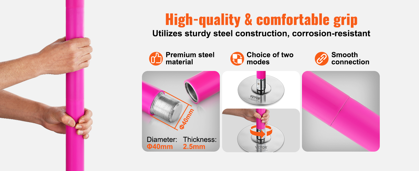 person grip VEVOR professional dancing pole with premium steel material, corrosion-resistant, choice of modes.