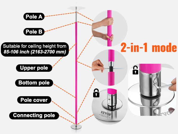 VEVOR professional dancing pole diagram showing parts, adjustable height, and 2-in-1 rotating and static modes.