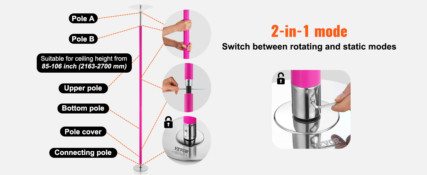 VEVOR professional dancing pole diagram showing parts, adjustable height, and 2-in-1 rotating and static modes.
