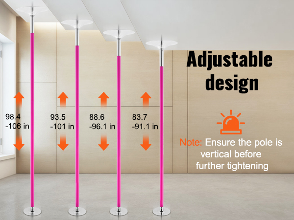 adjustable VEVOR professional dancing pole with height range between 83.7 to 106 inches.