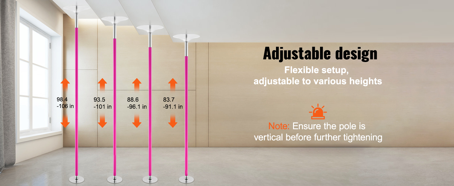 adjustable VEVOR professional dancing pole with height range between 83.7 to 106 inches.