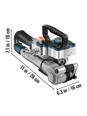VEVOR pneumatic strapping tool, dimensions 11x6.3x7.1 inches, black handle, silver body.