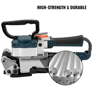 VEVOR pneumatic strapping tool in use, demonstrating its high-strength and durable build.