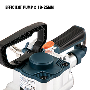 close-up of VEVOR pneumatic strapping tool handle, efficient pump, and 19-25mm range.