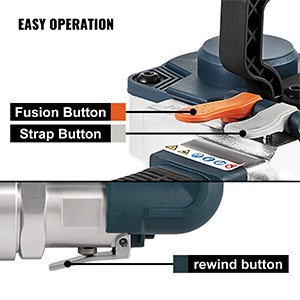 VEVOR pneumatic strapping tool showing fusion, strap, and rewind buttons for easy operation.