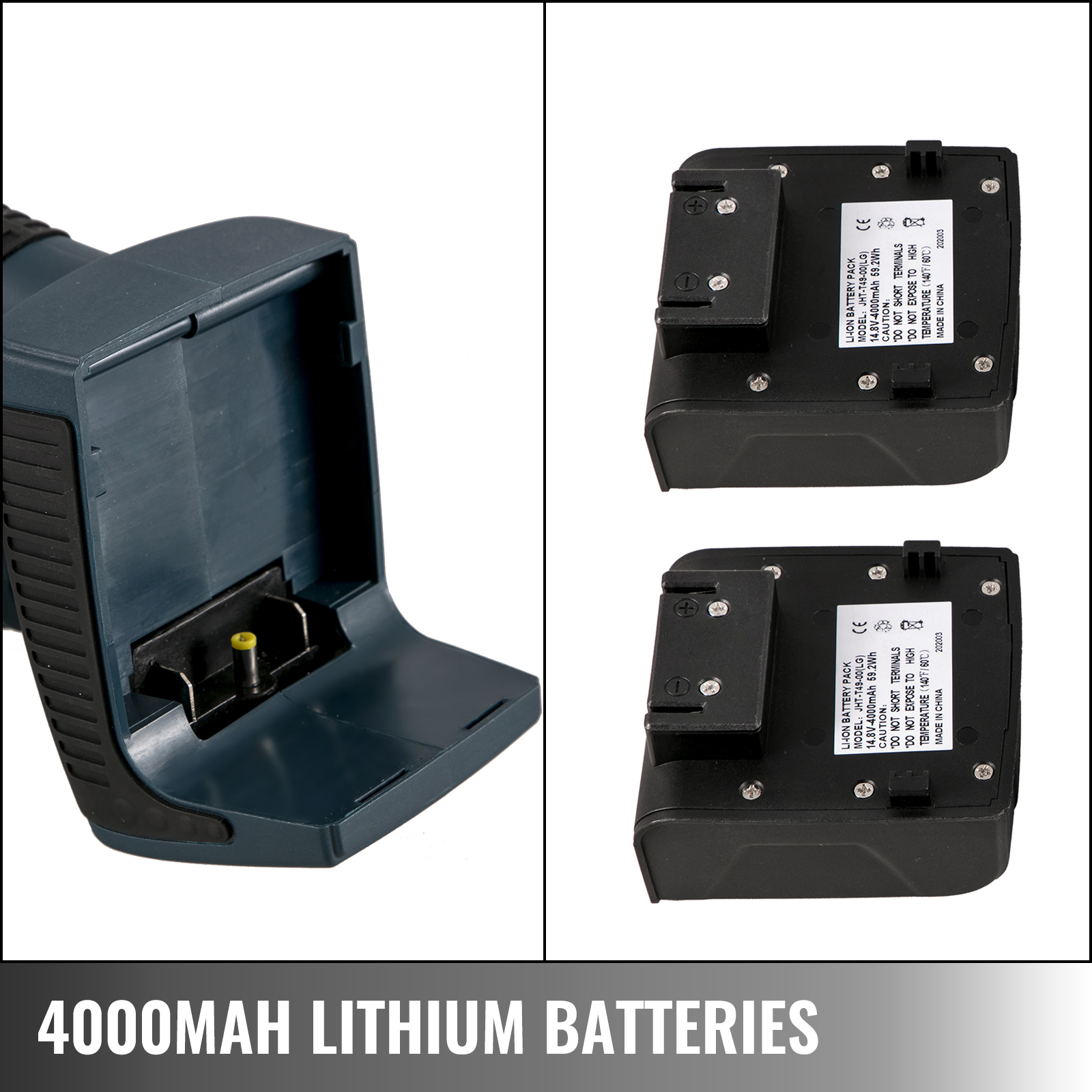 4000 mAh litija baterijas VEVOR elektriskajam stropēšanas instrumentam, demonstrējot divas baterijas.