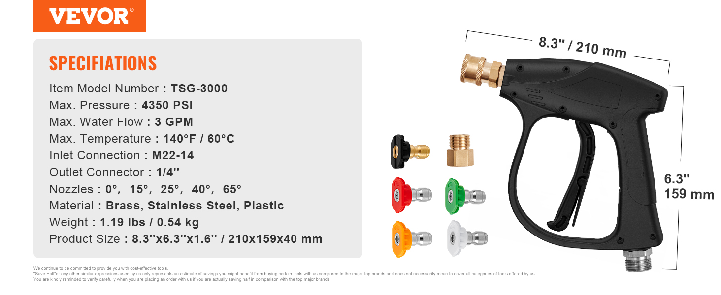 VEVOR pressure washer gun with 4350 psi max pressure, brass and stainless steel nozzles, 3 gpm flow.