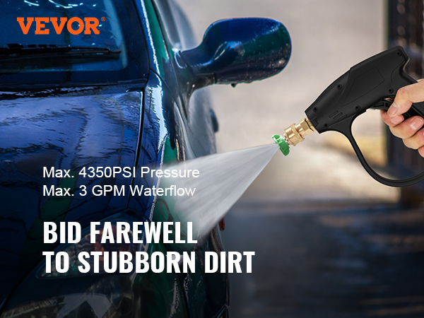 hand using VEVOR pressure washer gun, spraying water on a car with text showcasing 4350psi pressure.