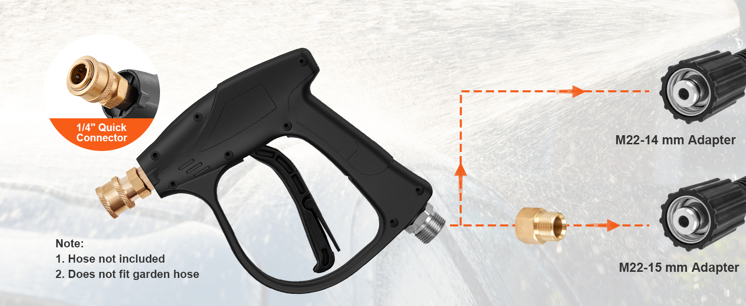 VEVOR pressure washer gun with 1/4” quick connector, m22-14 mm, and m22-15 mm adapters.