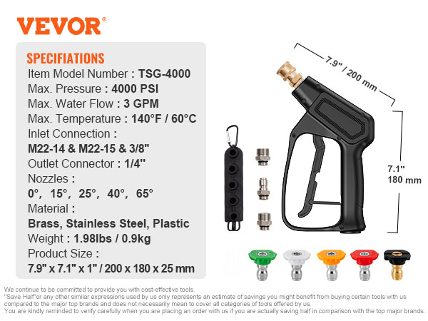 VEVOR pressure washer gun with 4000 psi, 3 gpm, 5 nozzles, brass, and stainless steel connectors.