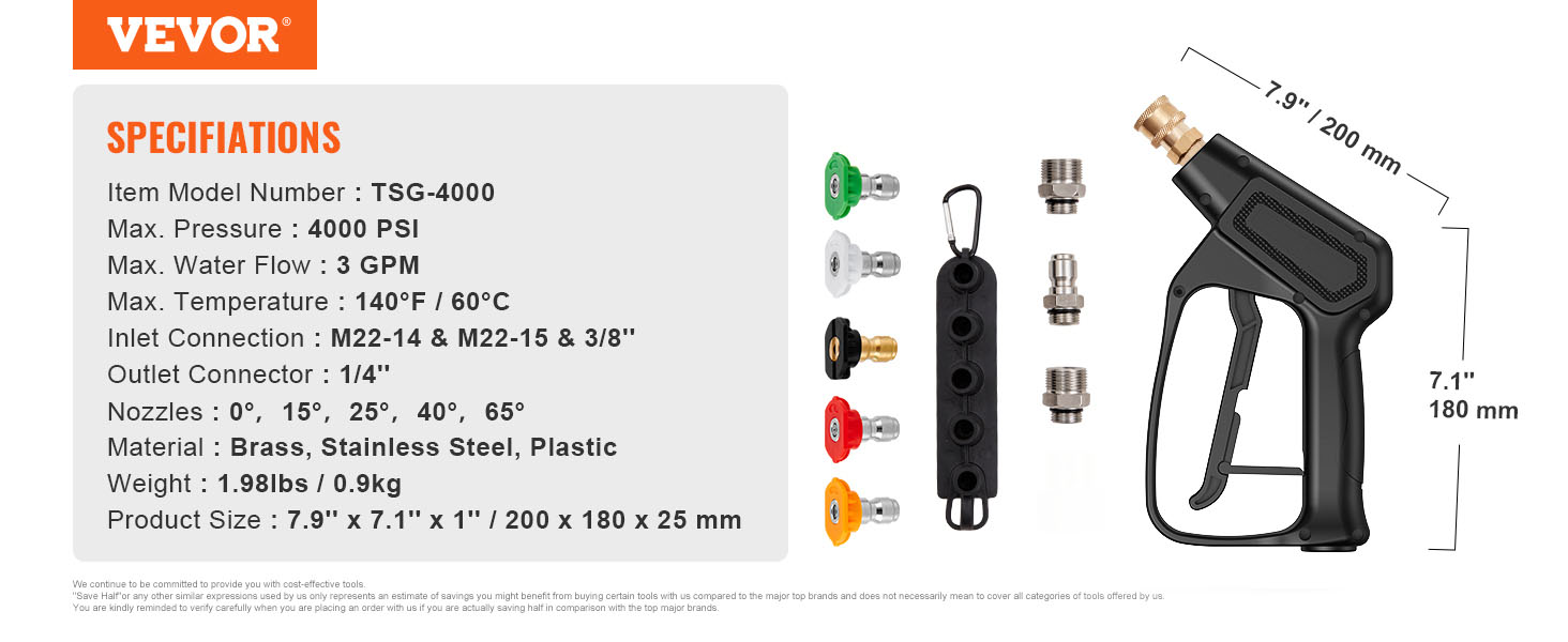 VEVOR pressure washer gun with 4000 psi, 3 gpm, 5 nozzles, brass, and stainless steel connectors.