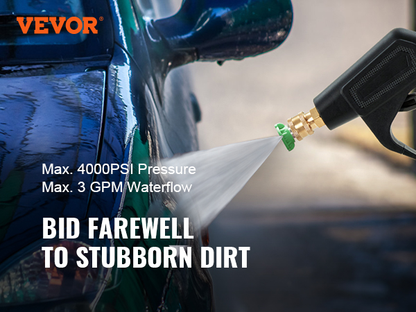 VEVOR pressure washer gun cleaning a car, max 4000 psi, 3 gpm water flow, powerful dirt removal.