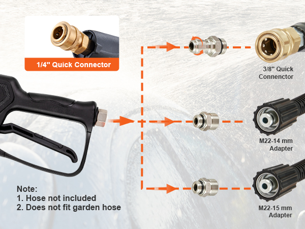 VEVOR pressure washer gun with 1/4” quick connector and various adapter options detailed.