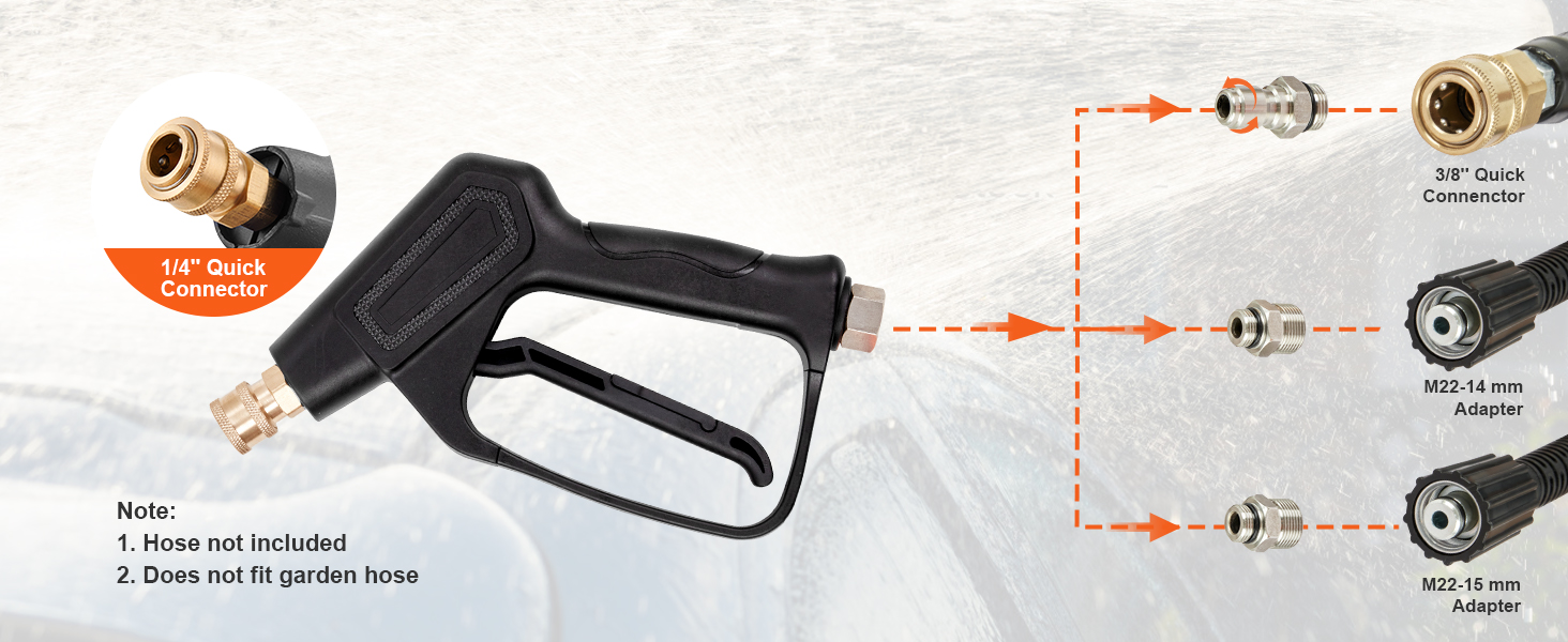 VEVOR pressure washer gun with 1/4” quick connector and various adapter options detailed.