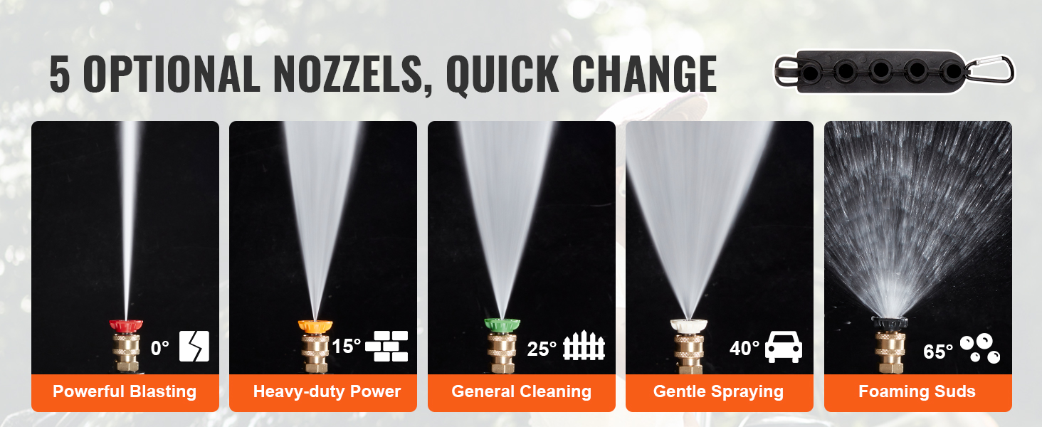 5 optional nozzles with VEVOR pressure washer gun: powerful blasting, heavy-duty, cleaning, spraying, foaming.