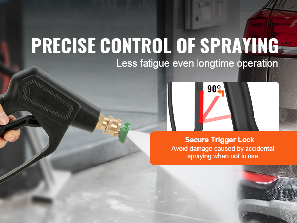 hand holding VEVOR pressure washer gun spraying water with text "precise control of spraying".