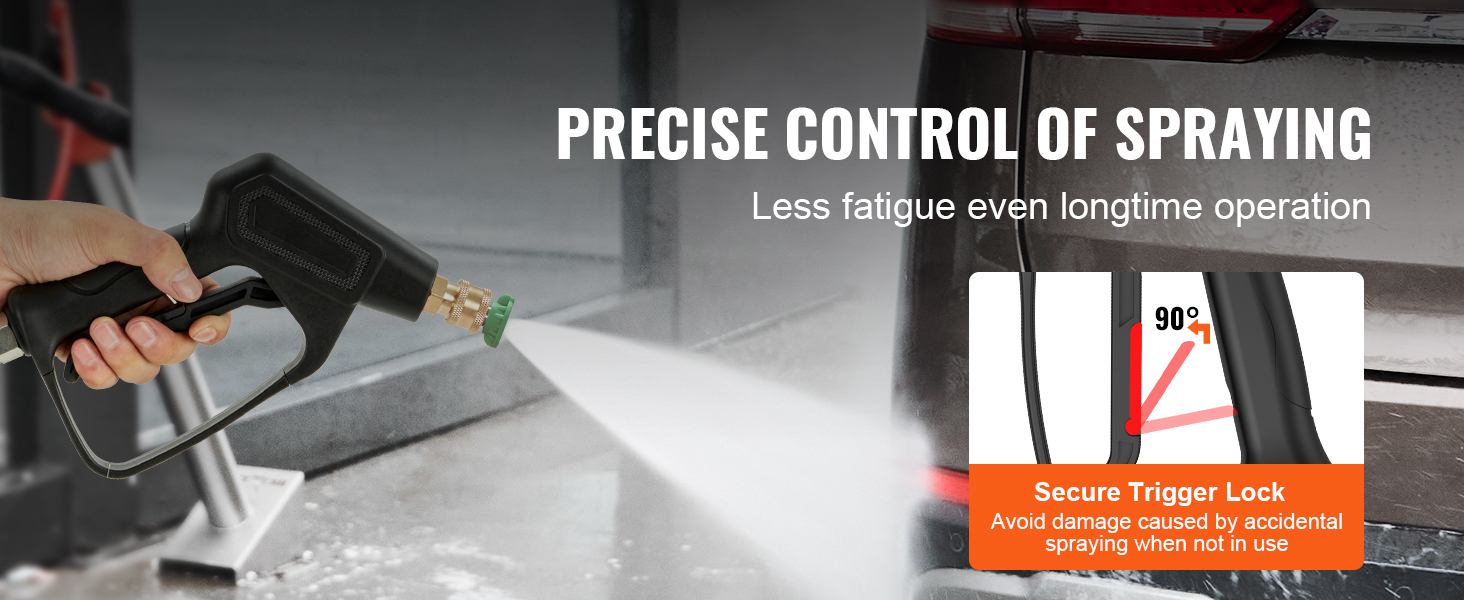 hand holding VEVOR pressure washer gun spraying water with text "precise control of spraying".