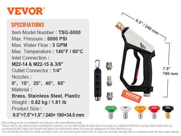 VEVOR pressure washer gun with specifications: 5000 psi, 3 gpm, 140°f max temp, and multiple nozzle options.