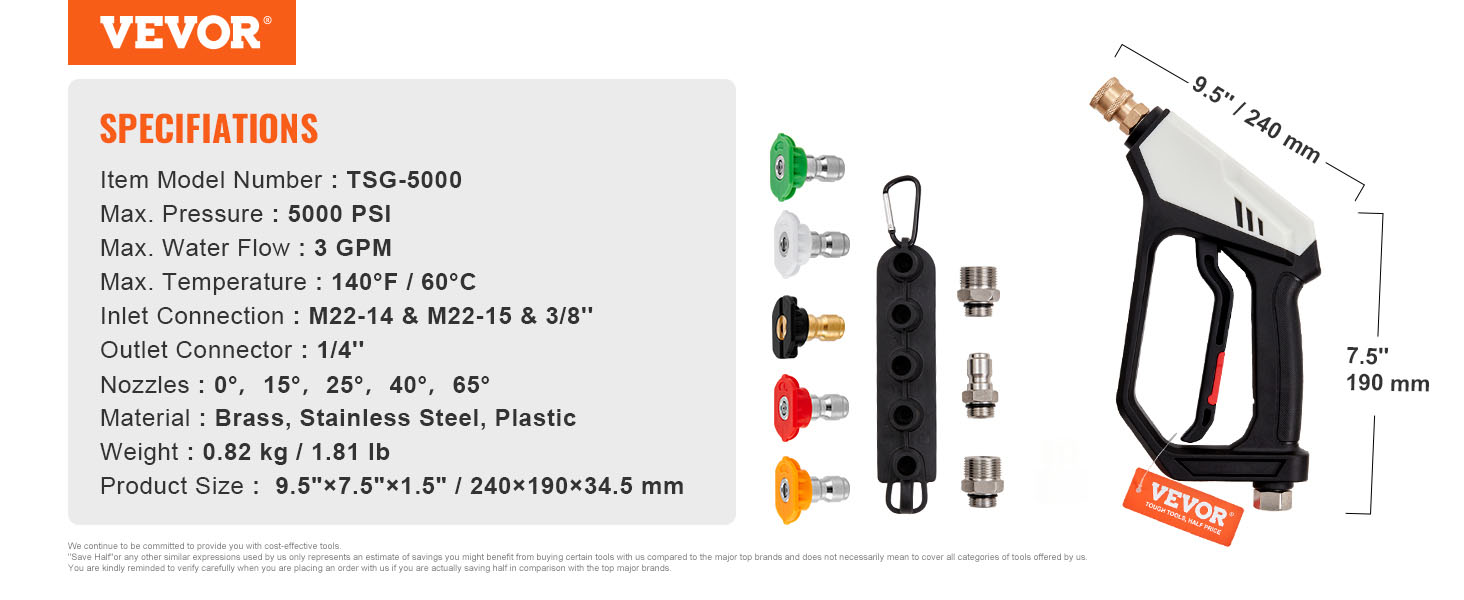 VEVOR pressure washer gun with specifications: 5000 psi, 3 gpm, 140°f max temp, and multiple nozzle options.