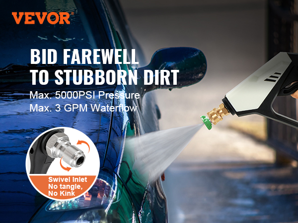 VEVOR pressure washer gun cleaning a car with max 5000psi pressure and 3 gpm water flow.
