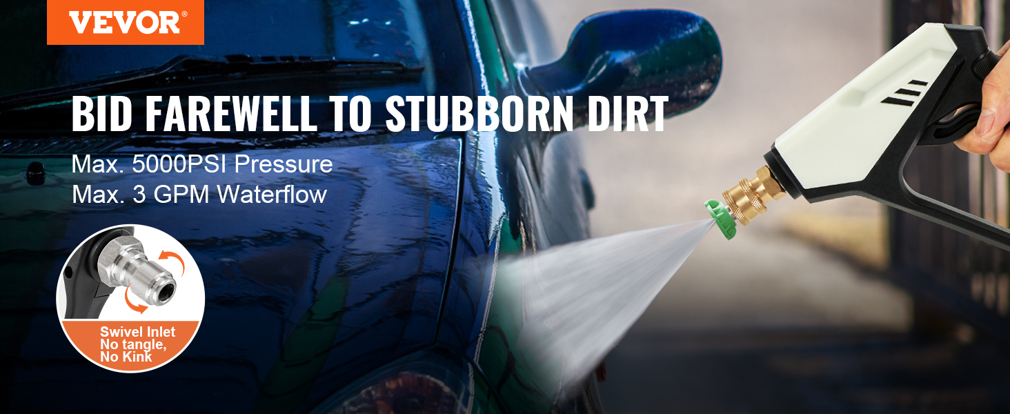 VEVOR pressure washer gun cleaning a car with max 5000psi pressure and 3 gpm water flow.