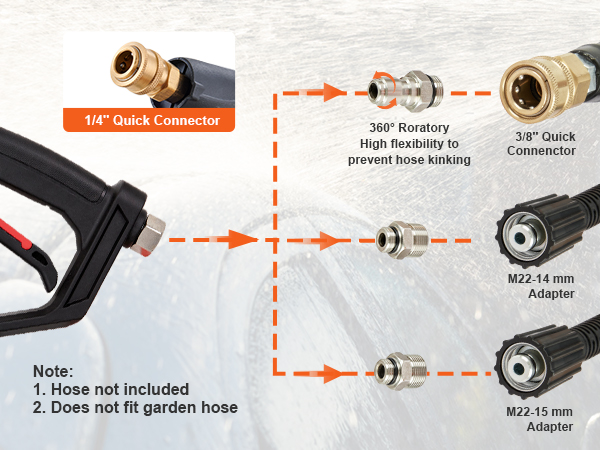 VEVOR pressure washer gun with 1/4" quick connector, 360° rotating, and various adapters.