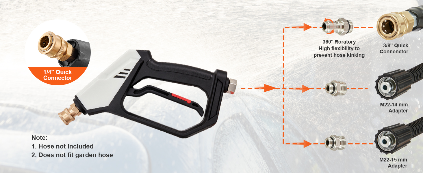 VEVOR pressure washer gun with 1/4" quick connector, 360° rotating, and various adapters.