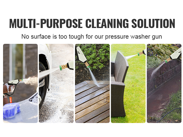 VEVOR pressure washer gun cleaning a car, wooden deck, patio furniture, and garden wall.