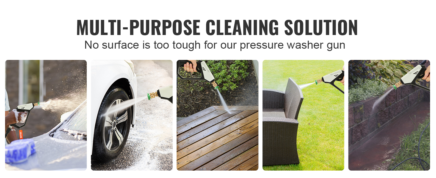 VEVOR pressure washer gun cleaning a car, wooden deck, patio furniture, and garden wall.