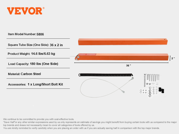 VEVOR trailer tailgate lift assist specifications with accessories, carbon steel, 180 lbs capacity.