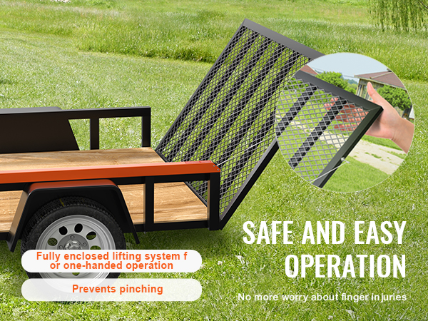 trailer with VEVOR trailer tailgate lift assist, showcasing easy one-handed operation on green lawn.