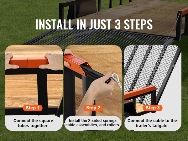 three-step installation of VEVOR trailer tailgate lift assist using square tubes, springs, and cable assembly.