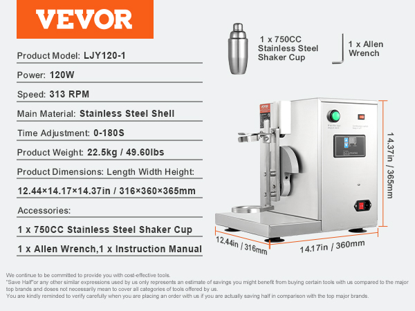 VEVOR milkshake maker with stainless steel shell, 120w, 313 rpm, 750cc shaker cup, and time adjustment.