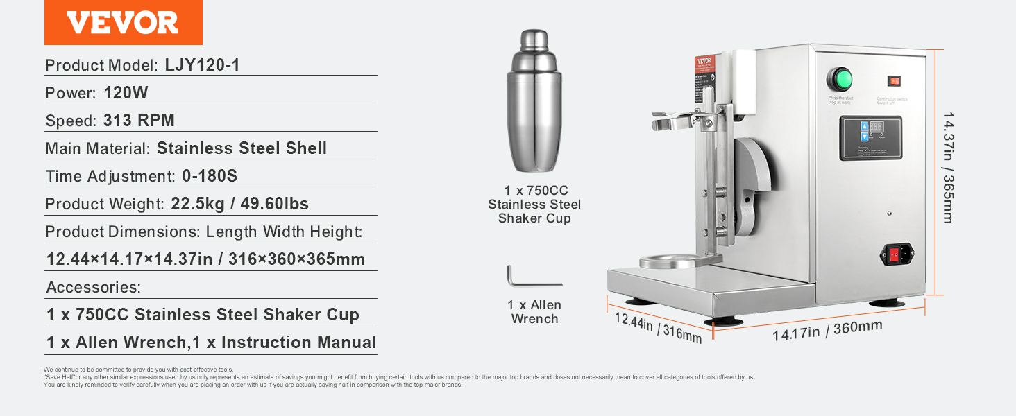 VEVOR milkshake maker with stainless steel shell, 120w, 313 rpm, 750cc shaker cup, and time adjustment.