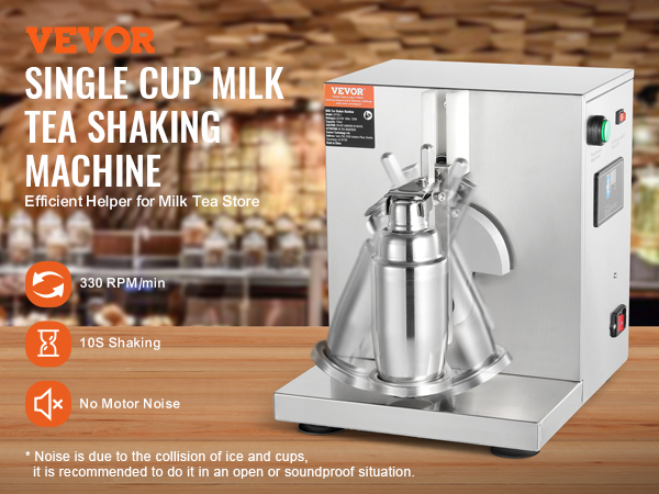 VEVOR milkshake maker displayed with milk tea and fruit shake on the counter, emphasizing efficiency.