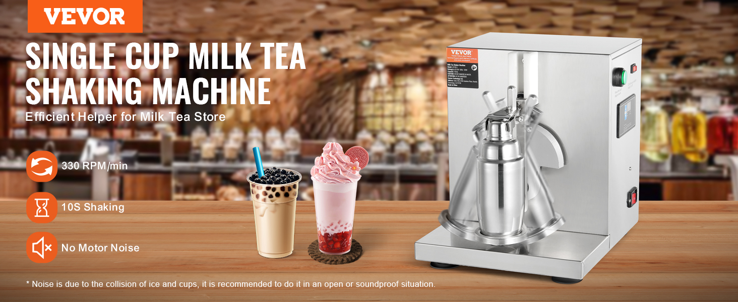 VEVOR milkshake maker displayed with milk tea and fruit shake on the counter, emphasizing efficiency.