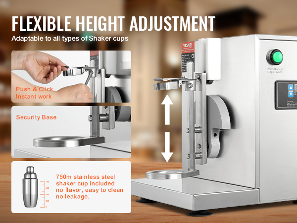 VEVOR milkshake maker with flexible height adjustment for various shaker cups and secure stainless steel base.