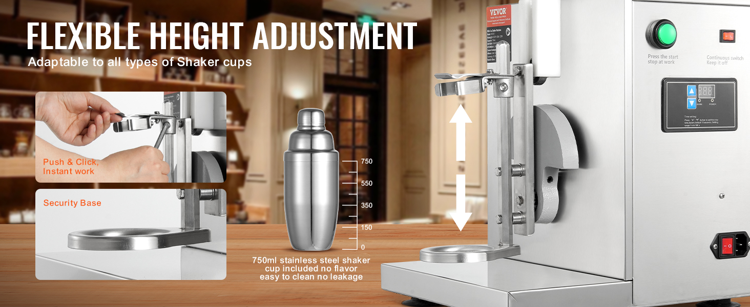 VEVOR milkshake maker with flexible height adjustment for various shaker cups and secure stainless steel base.