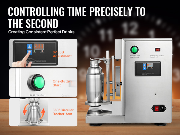 VEVOR milkshake maker with precise timing, 0-180s adjustment, one-button start, and 360-degree rocker arm.
