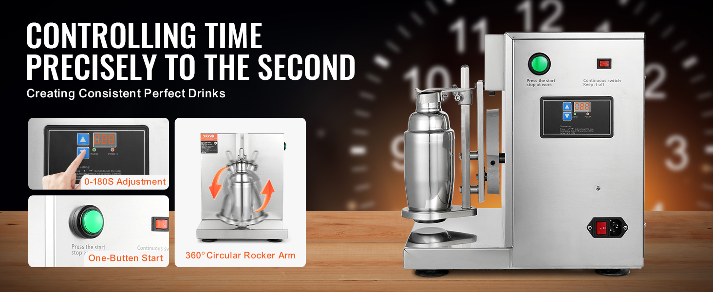 VEVOR milkshake maker with precise timing, 0-180s adjustment, one-button start, and 360-degree rocker arm.