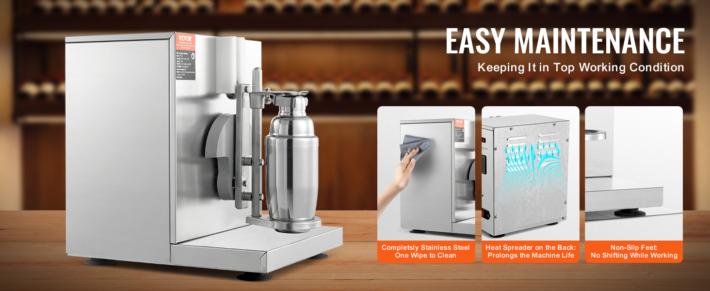 VEVOR milkshake maker with stainless steel design for easy maintenance and non-slip feet for stability.