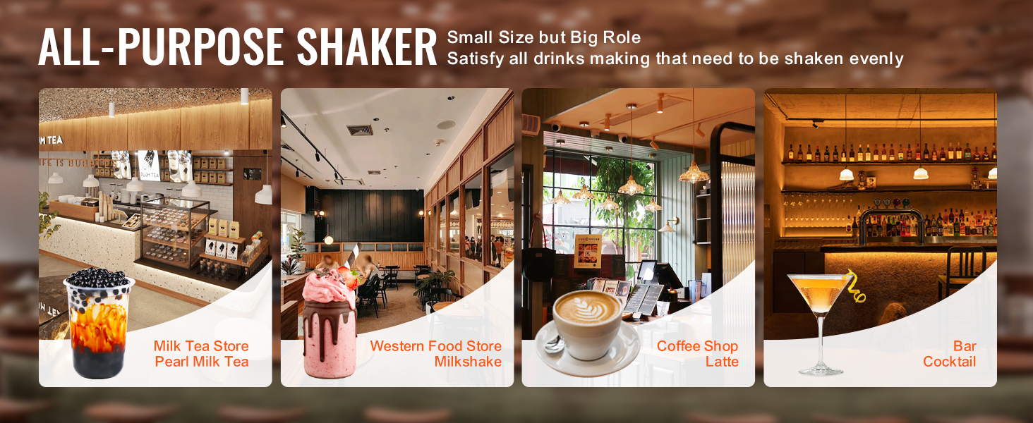 all-purpose shaker for milk tea, milkshakes, lattes, and cocktails in various store settings. VEVOR milkshake maker.