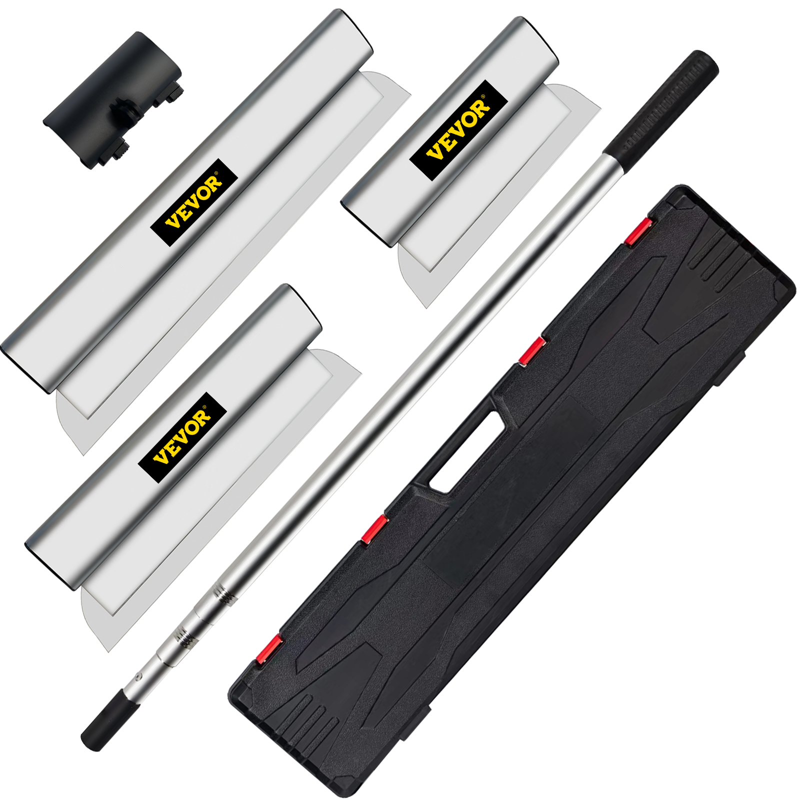 VEVOR skimming blade set with three blades, extension handle, adapter, and black carrying case.
