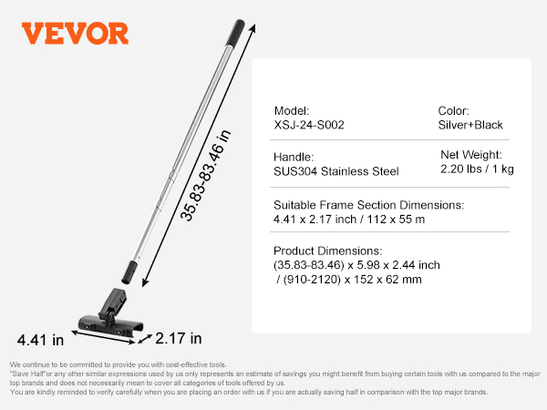 VEVOR drywall skimming kit details with stainless steel handle and adjustable dimensions.