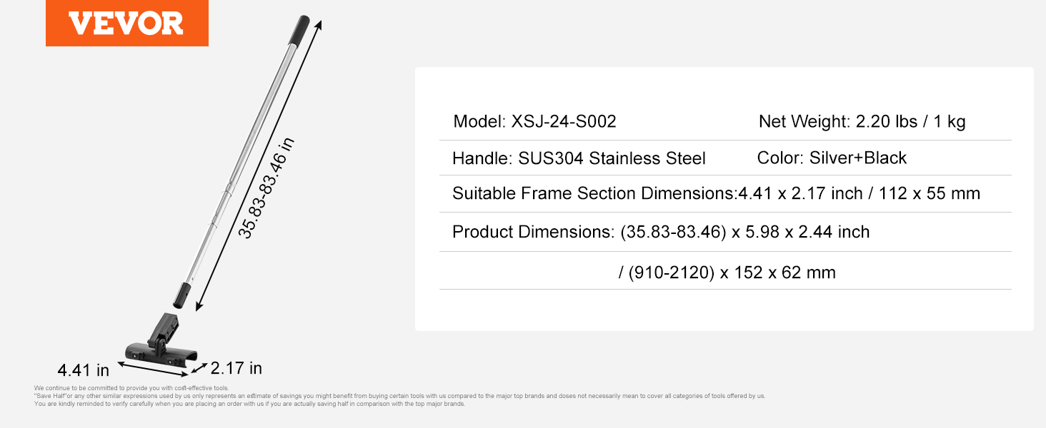 VEVOR drywall skimming kit details with stainless steel handle and adjustable dimensions.