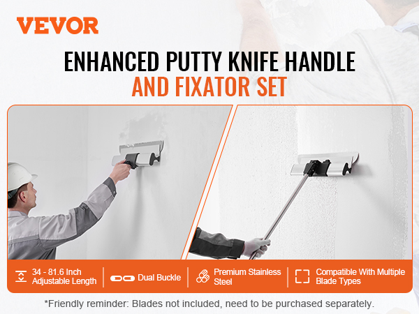VEVOR drywall skimming kit features an adjustable putty knife handle and premium stainless steel fixator set.