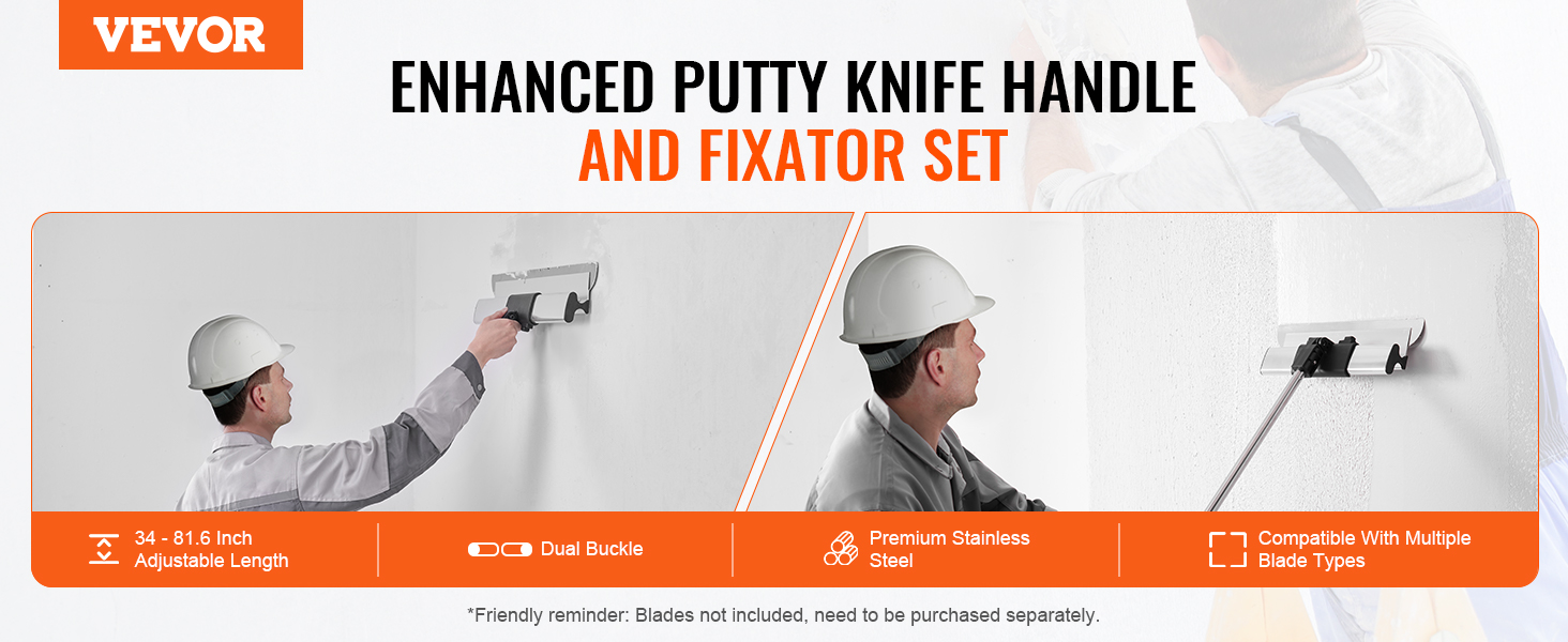 VEVOR drywall skimming kit features an adjustable putty knife handle and premium stainless steel fixator set.