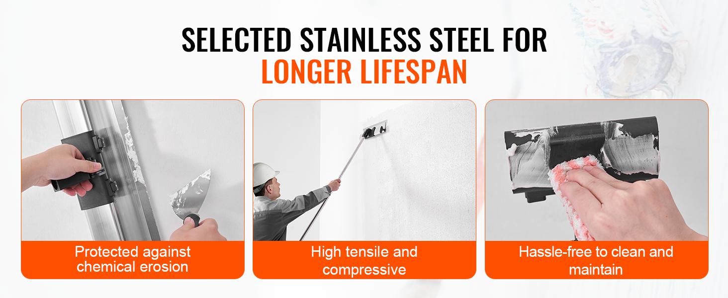 VEVOR drywall skimming kit with stainless steel for durability, high tensile strength, and easy maintenance.
