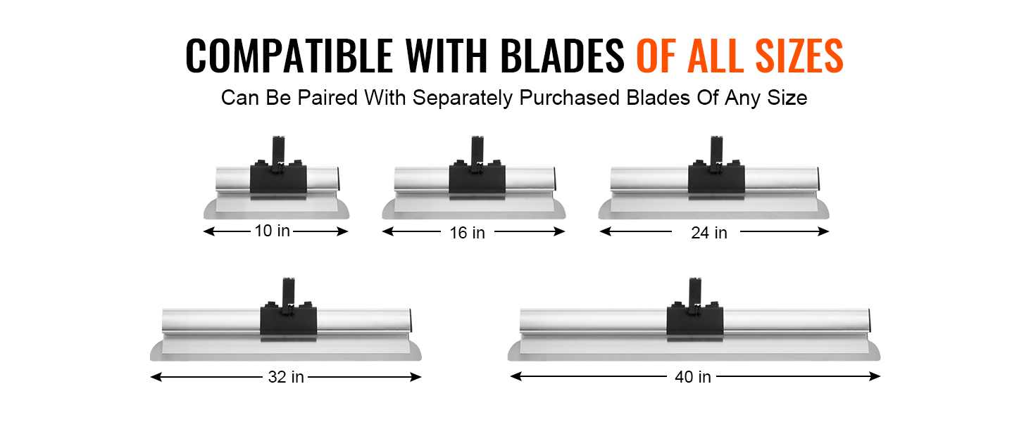 VEVOR drywall skimming kit with blades from 10 to 40 inches shown for compatibility of all sizes.