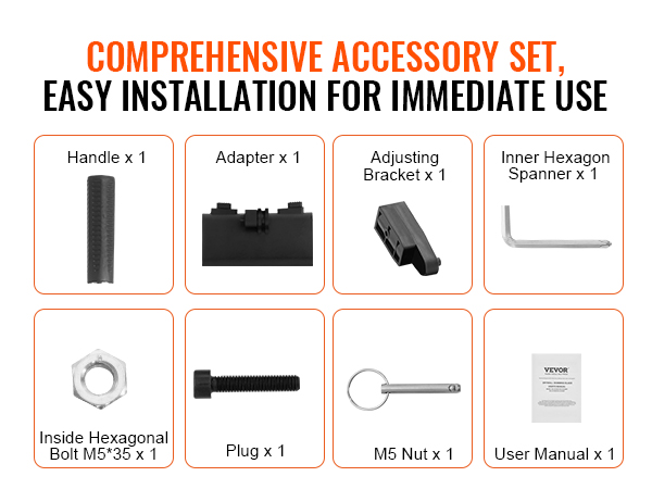 VEVOR drywall skimming kit, accessory set with handle, adapter, bracket, spanner, bolts, and manual.